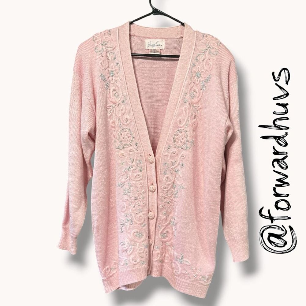 ☑️ Vintage Jaclyn Smith Pink Beaded Embroidered Cardigan L